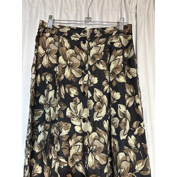 Vintage Anna & Gran Floral Maxi Skirt M 100% Silk Black & Brown Button Front - Picture 2 of 4